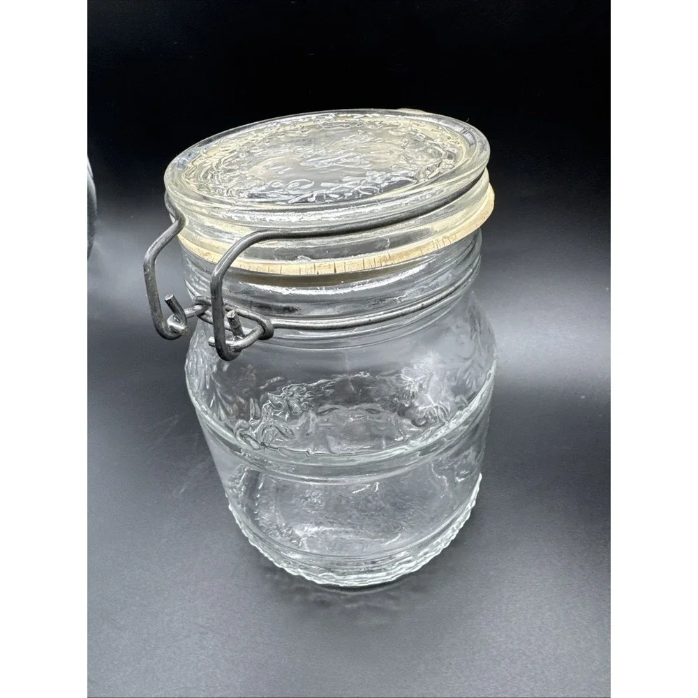 Vintage 70s Floral Cove Glass Jar Wire Latch Canister 1 Liter / Quart 6.5